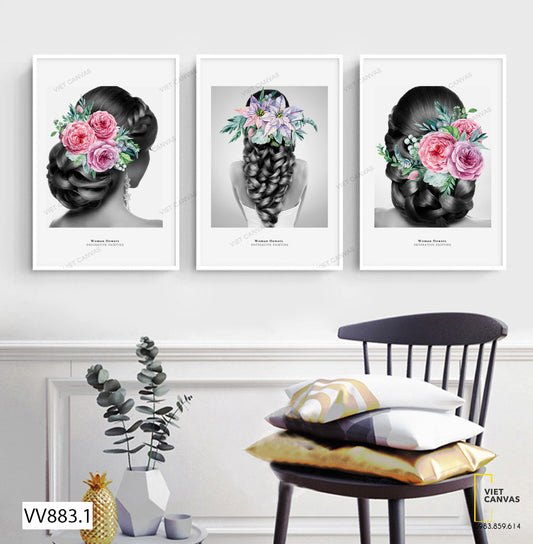 Bộ 3 Tranh Mái Tóc Cài Hoa - VV883.1