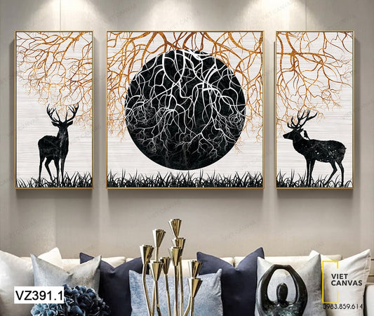 Bộ 3 Tranh Mặt Trăng Huyền Bí Và Đôi Hươu - VZ391.1