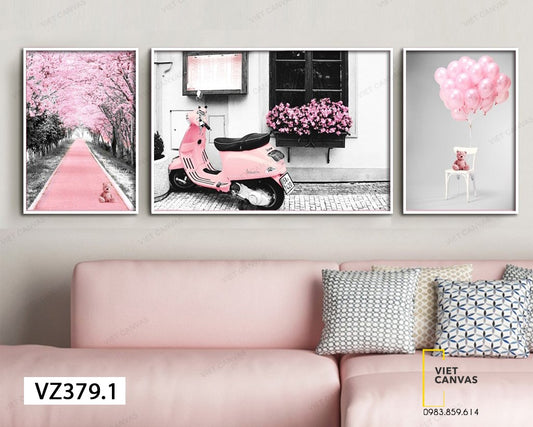 Bộ 3 Tranh Bong Bóng, Chiếc Xe Và Con Đường Màu Hồng - VZ379.1
