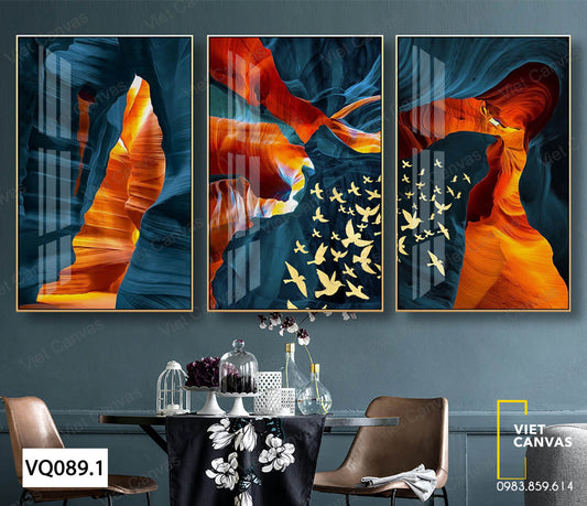 Bộ 3 Tranh Đàn Chim Và Vải Lụa Xanh Cam - VQ089.1