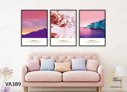 Bộ 3 Tranh Núi Rừng, Biển Cả Tông Màu Tím Mộng Mơ - VA389