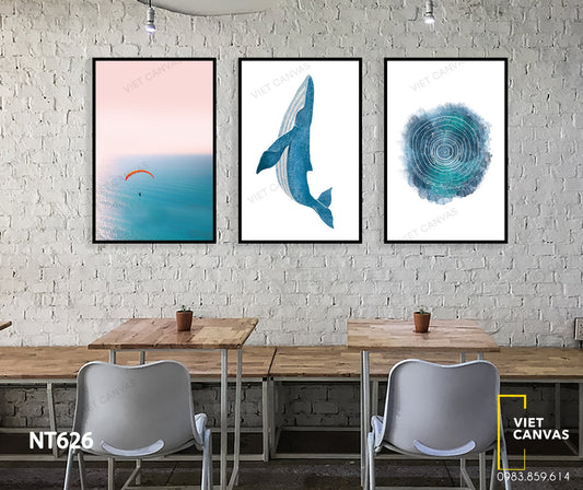 Bộ 3 Tranh Vân Gỗ, Cá Heo Và Biển Cả Xanh Mát - NT626