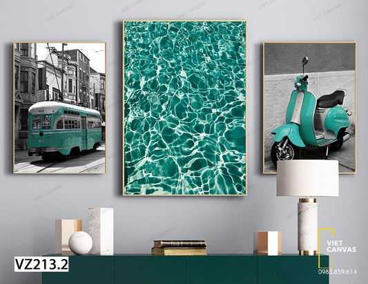 Bộ 3 Tranh Xe Buýt, Xe Máy Và Biển Xanh - VZ213.2