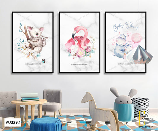 Bộ 3 Tranh Mẹ Con Gấu Túi, Hồng Hạc Và Hà Mã - VU329.1