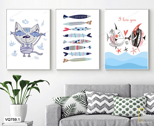 Bộ 3 Tranh Mèo Và Cá - VQ759.1