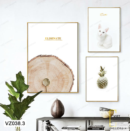 Bộ 3 Tranh Vân Gỗ, Mèo Và Trái Dứa - VZ038.3