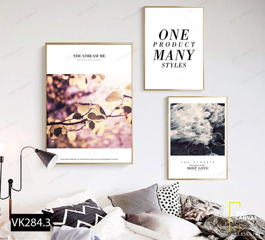 Bộ 3 Tranh Cành Lá Cây, Sóng Vỗ Và Quotes - VK284.3