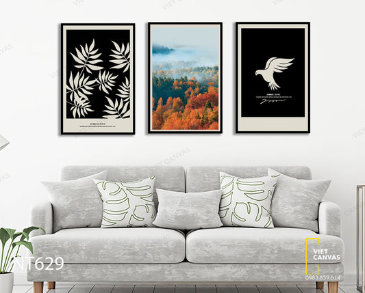 Bộ 3 Tranh Khu Rừng, Lá Cây Và Chú Chim - NT629