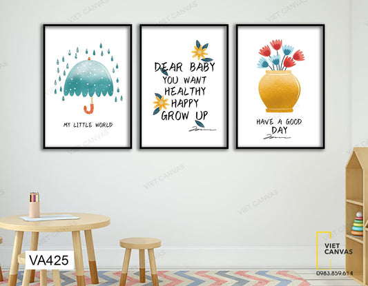 Bộ 3 Tranh Lọ Hoa, Chiếc Ô Và Quotes - VA425