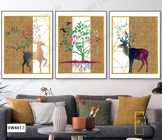 Bộ 3 Tranh Nai Và Cây - VW441.1