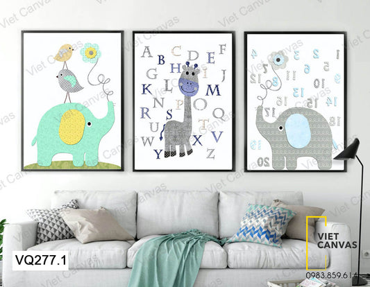 Bộ 3 Tranh Voi Và Hươu Cao Cổ - VQ277.1