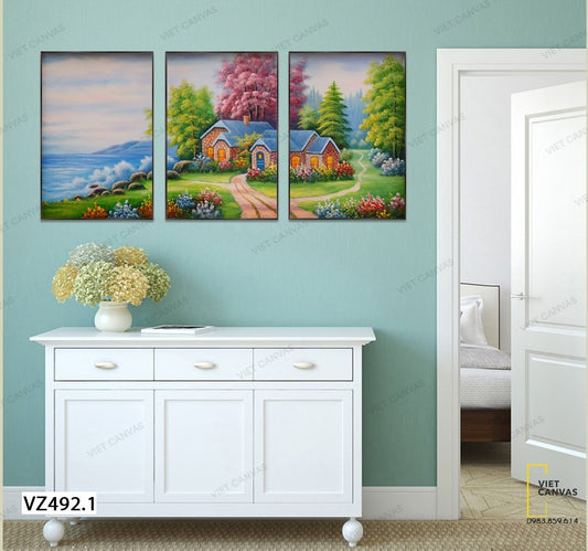 Bộ 3 Tranh Ngôi Nhà Bình Yên Ven Sông - VZ492.1