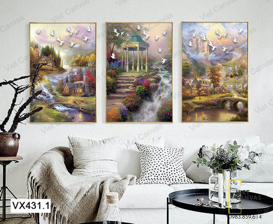 Bộ 3 Tranh Ngôi Nhà, Dòng Sông Và Cây Cối - VX431.1