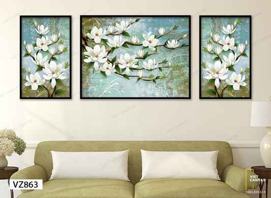 Bộ 3 Tranh Nhành Hoa Trắng Sinh Động - VZ863
