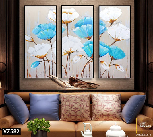 Bộ 3 Tranh Những Bông Hoa Xanh Trắng - VZ582
