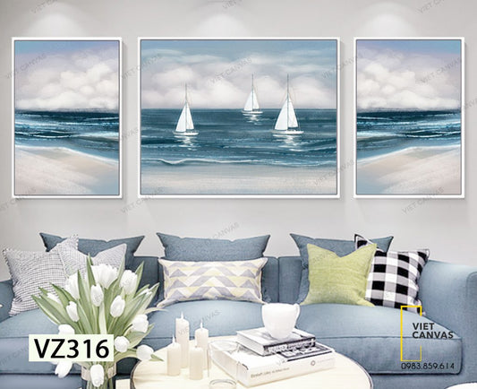 Bộ 3 Tranh Những Cánh Buồm Trắng Trên Biển - VZ316