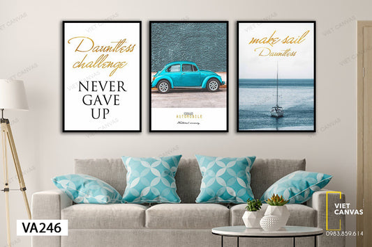 Bộ 3 Tranh Chiếc Xe Xanh, Biển Cả Và Quotes - VA246