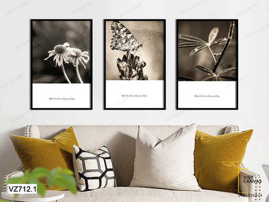 Bộ 3 Tranh Những Loài Hoa Dại Và Bướm Đậu Trên Hoa - VZ712.1