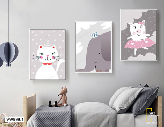 Bộ 3 Tranh Mèo, Voi Và Heo - VW999.1