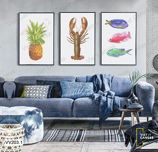 Bộ 3 Tranh Quả Khóm Và Tôm Cá - VV203.1
