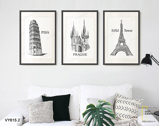 Bộ 3 Tranh Pisa , Prague Và Eiffel Tower - VY615.2