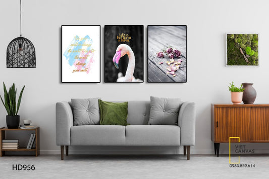 Bộ 3 Tranh Lá Hoa Khô, Hồng Hạc Và Quotes - HD956