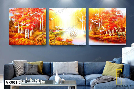 Bộ 3 Tranh Rừng, Hươu Và Suối Nhỏ - VX991.2
