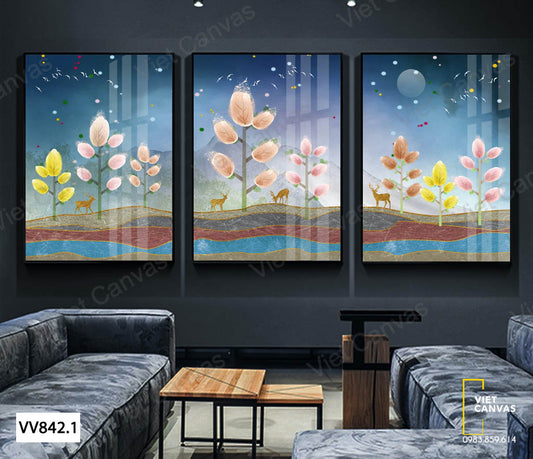 Bộ 3 Tranh Cây Và Những Chú Hưu - VV842.1