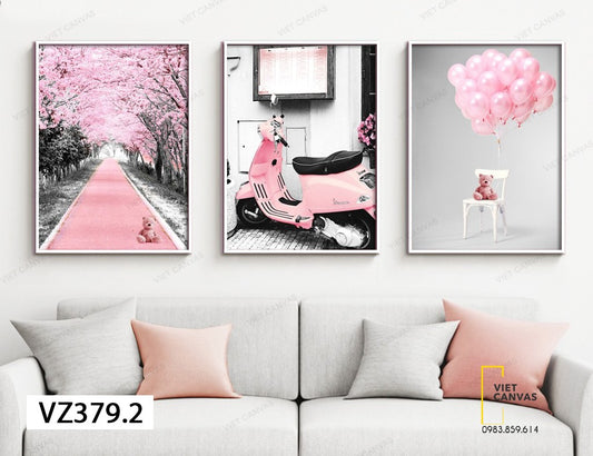 Bộ 3 Tranh Bong Bóng, Chiếc Xe Và Con Đường Màu Hồng - VZ379.2