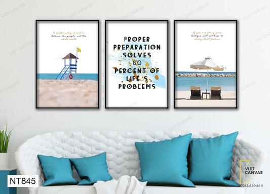 Bộ 3 Tranh Bãi Biển Xanh Và Quotes - NT845