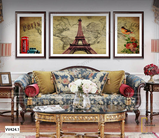 Bộ 3 Tranh Tháp Eiffel Và Bản Đồ - VV424.1