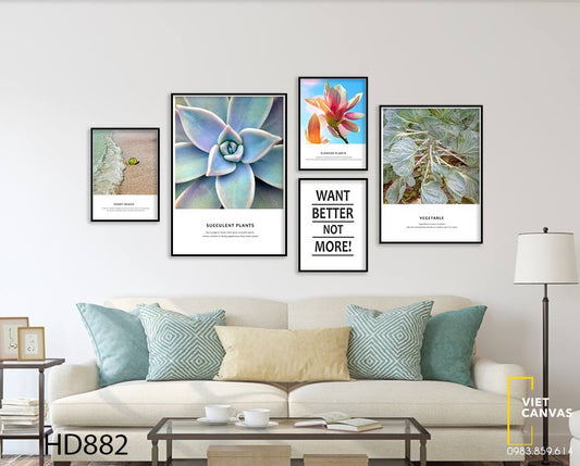 Bộ 5 Tranh Hoa, Sen Đá, Lá Cây, Quotes Và Biển Cả - HD882