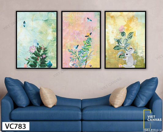 Bộ 3 Tranh Thỏ Con Bên Hoa Và Lá - VC783