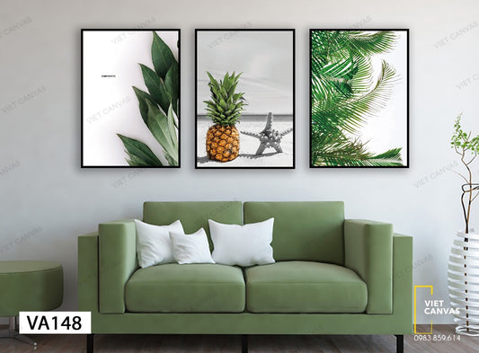 Bộ 3 Tranh Lá Cây Xanh, Quả Dứa Và Sao Biển - VA148