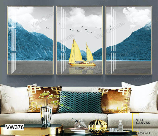 Bộ 3 Tranh Thuyền Biển Và Núi - VW376