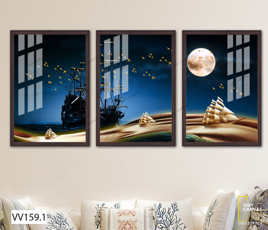 Bộ 3 Tranh Thuyền Buồm Và Ánh Trăng - VV159.1