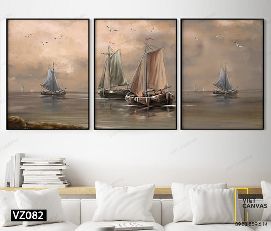 Bộ 3 Tranh Thuyền Dưới Hoàng Hôn - VZ082