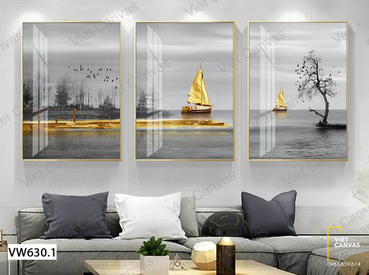 Bộ 3 Tranh Thuyền Vàng Và Dòng Sông - VW630.1