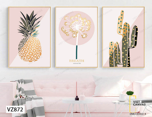 Bộ 3 Tranh Trái Dứa, Bông Hoa Và Xương Rồng - VZ872