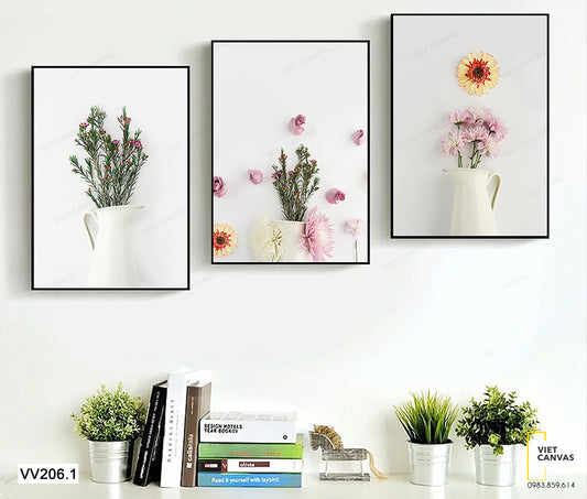 Bộ 3 Tranh Bình Hoa Thanh Liễu Và Hoa Cúc - VV206.1