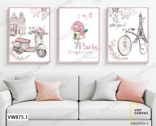 Bộ 3 Tranh Xe Cộ, Hoa Và Tháp Paris - VW875.1