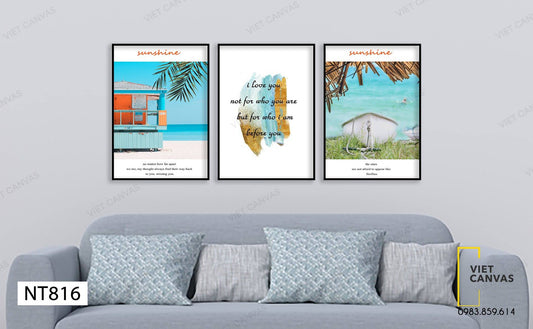 Bộ 3 Tranh Biển Xanh, Chiếc Thuyền Nhỏ Xinh Và Quotes - NT816