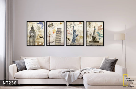 Bộ 4 Tranh Tháp Big Ben, Tháp Nghiêng, Tượng Nữ Thần Tự Do Và Tháp Eiffel - NT236