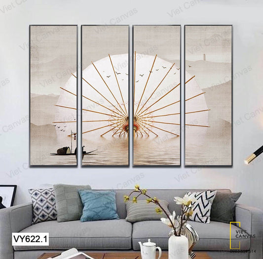 Bộ 4 Tranh Cây Dù Và Dòng Sông Tĩnh Lặng - VY622.1