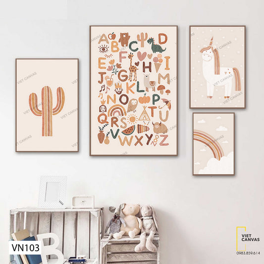 Bộ 4 Tranh Cây Xương Rồng, Chú Ngựa Và Bảng Chữ Cái - VN103