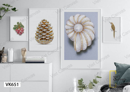 Bộ 4 Tranh Chim, Những Viên Ngọc Quý, Trái Thông Và Hoa Quả - VK651