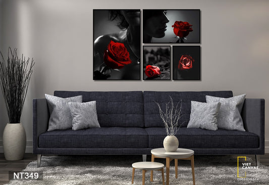 Bộ 4 Tranh Cô Gái Và Hoa Hồng Đỏ Quyến Rũ - NT349