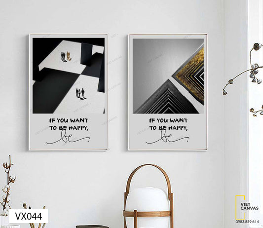 Bộ 4 Tranh Con Người, Tòa Nhà Và Quotes If You Want To Be Happy - VX044