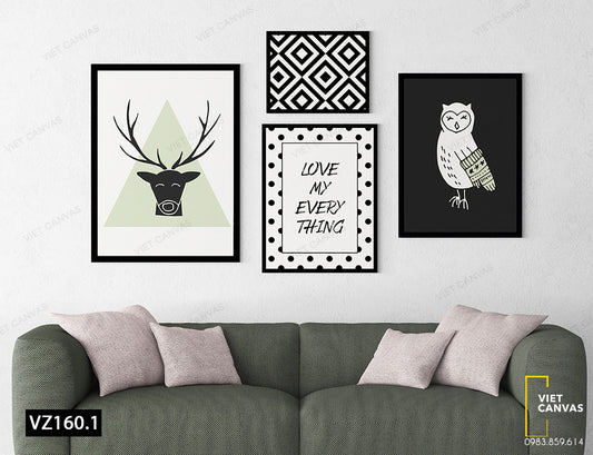 Bộ 4 Tranh Hươu, Cú Mèo Và Hoa Văn Cổ Điển - VZ160.1