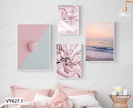 Bộ 4 Tranh Trái Táo, Biển Cả, Lông Vũ Và Vải Phi Bóng - VY627.1